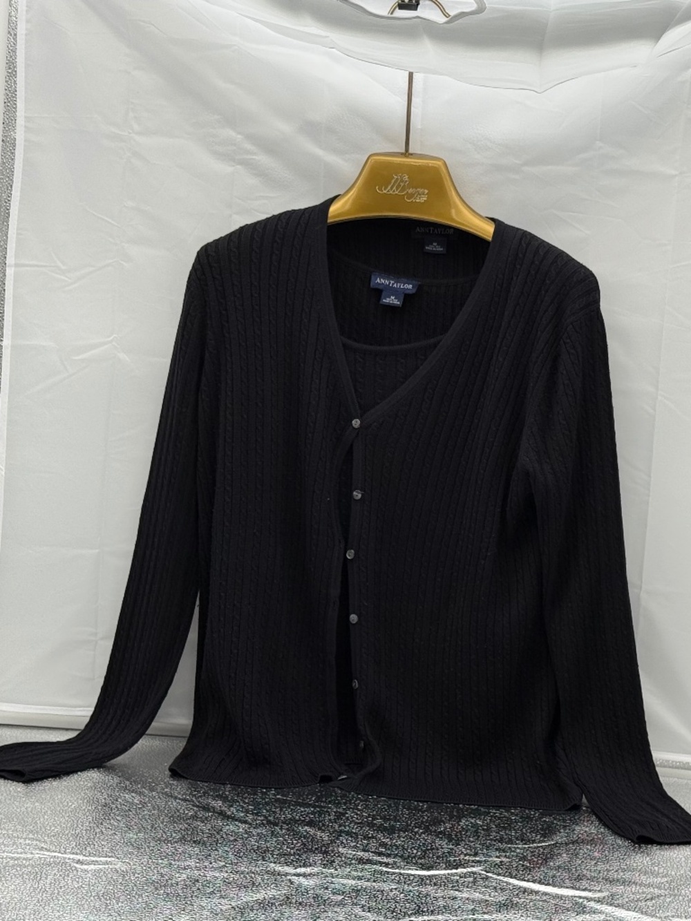 Ann Taylor Black Silk Cable Knit Twinset - Size Medium